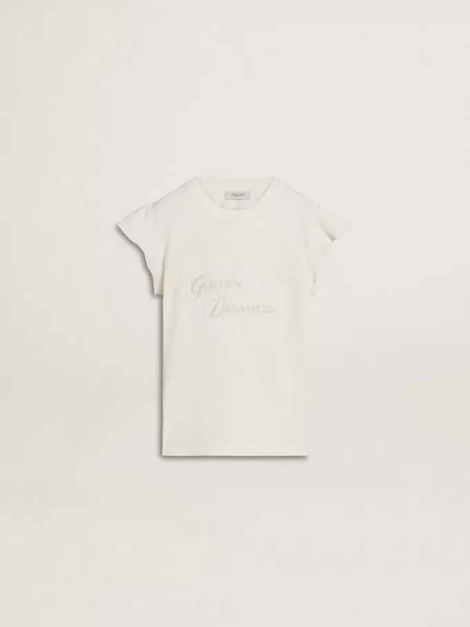 Meisjes-T-shirt met ruches aan de mouwen, letters en borduursels
