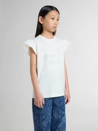 Meisjes-T-shirt met ruches aan de mouwen, letters en borduursels
