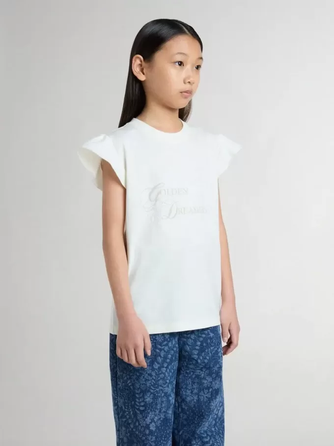 Meisjes-T-shirt met ruches aan de mouwen, letters en borduursels