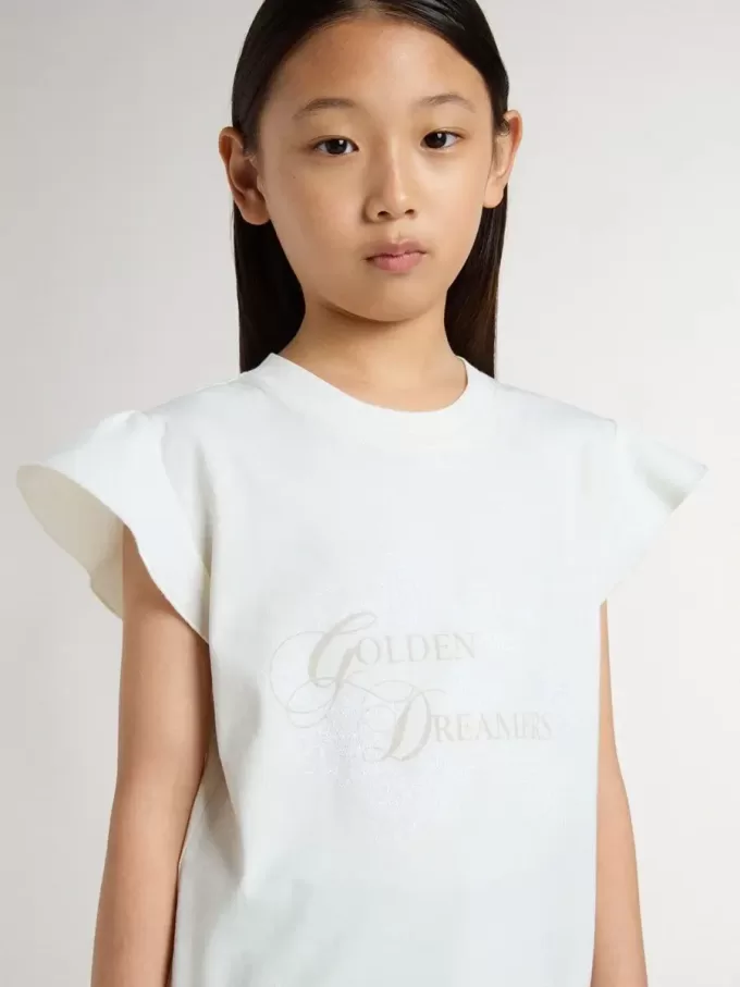 Meisjes-T-shirt met ruches aan de mouwen, letters en borduursels