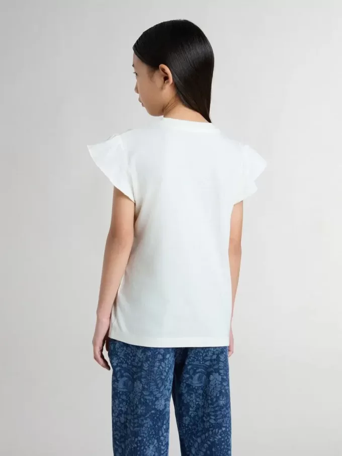 Meisjes-T-shirt met ruches aan de mouwen, letters en borduursels