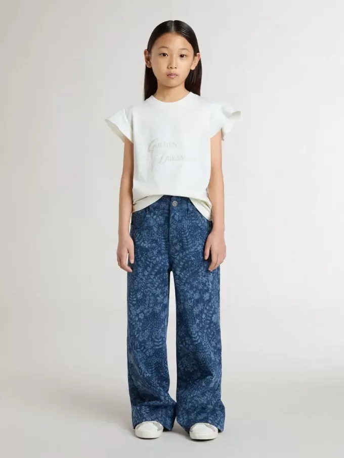 Meisjes-T-shirt met ruches aan de mouwen, letters en borduursels