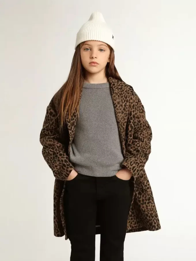 Meisjesjas met enkele knoopsluiting van wol met jacquard dierenprint
