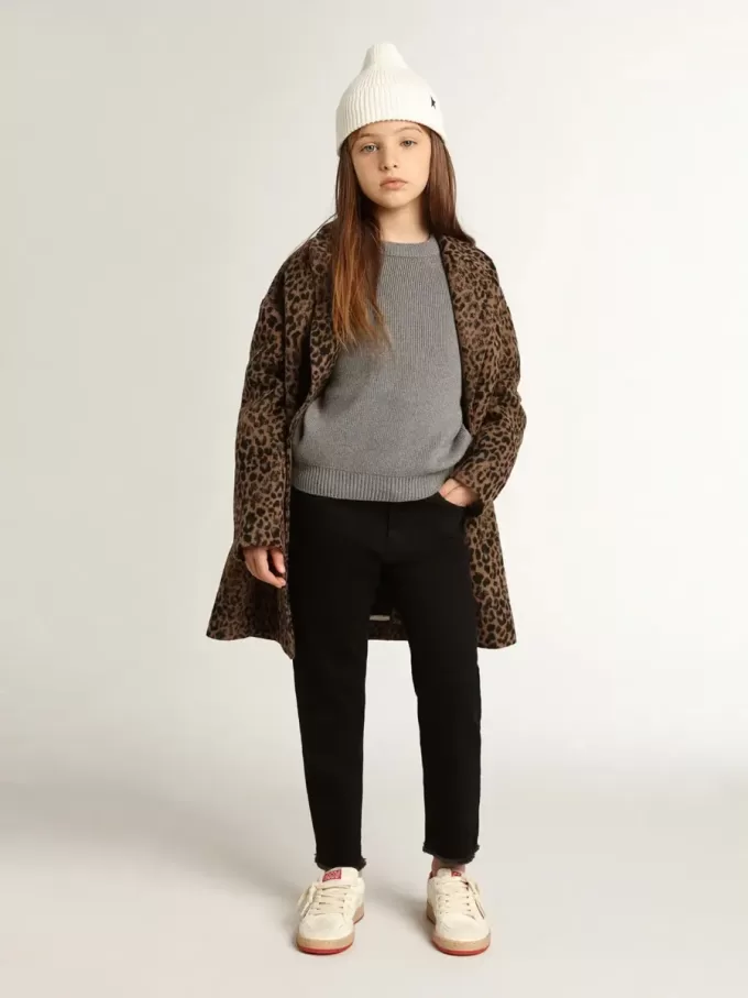 Meisjesjas met enkele knoopsluiting van wol met jacquard dierenprint
