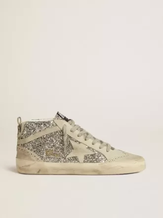 Mid Star in zilver glitter met ijsgrijze suède ster en flits