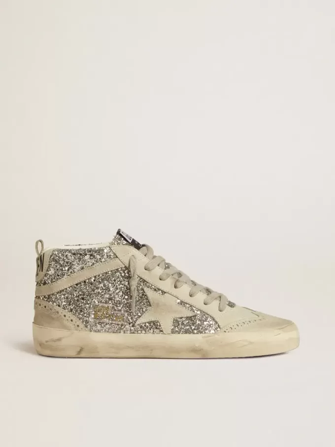 Mid Star in zilver glitter met ijsgrijze suède ster en flits
