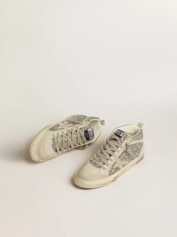Mid Star in zilver glitter met ijsgrijze suède ster en flits