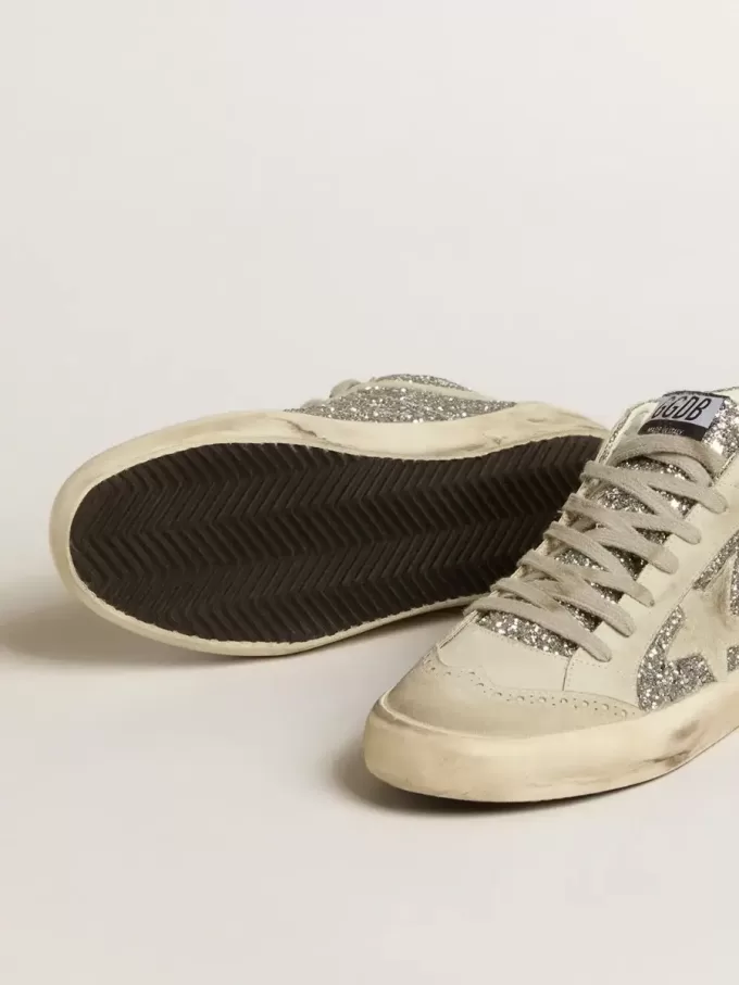 Mid Star in zilver glitter met ijsgrijze suède ster en flits