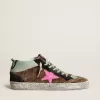 Mid Star van ponyhuid met luipaardprint en fuchsia leren ster