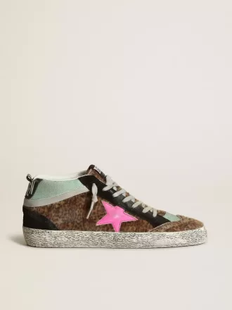Mid Star van ponyhuid met luipaardprint en fuchsia leren ster