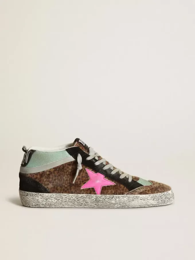 Mid Star van ponyhuid met luipaardprint en fuchsia leren ster