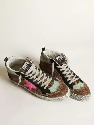 Mid Star van ponyhuid met luipaardprint en fuchsia leren ster