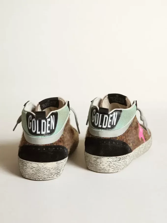 Mid Star van ponyhuid met luipaardprint en fuchsia leren ster