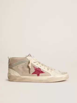 Mid Star van suède met fuchsia glitterster en grijze leren flash