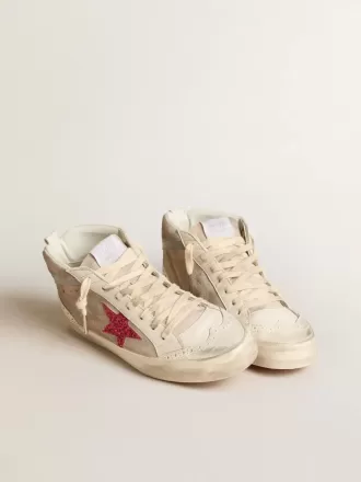 Mid Star van suède met fuchsia glitterster en grijze leren flash