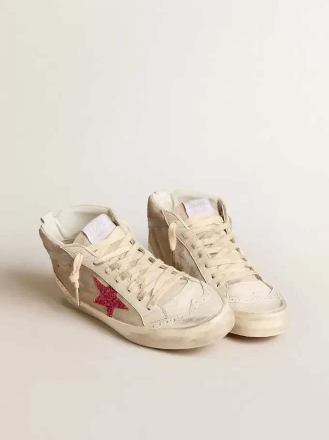 Mid Star van suède met fuchsia glitterster en grijze leren flash
