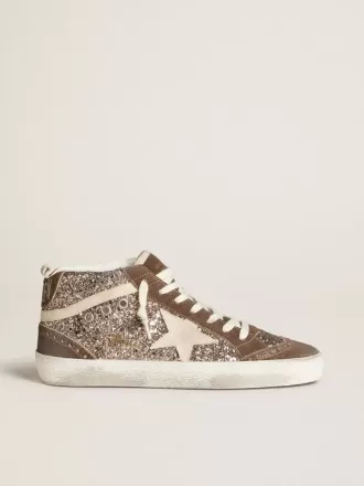 Mid Star voor dames in glitter met parelmoeren suède ster en bruine suède inzetstukken