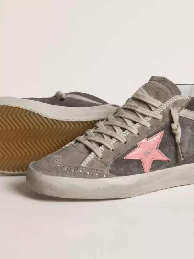 Mid Star voor dames in grijs suède met roze gelamineerde leren ster