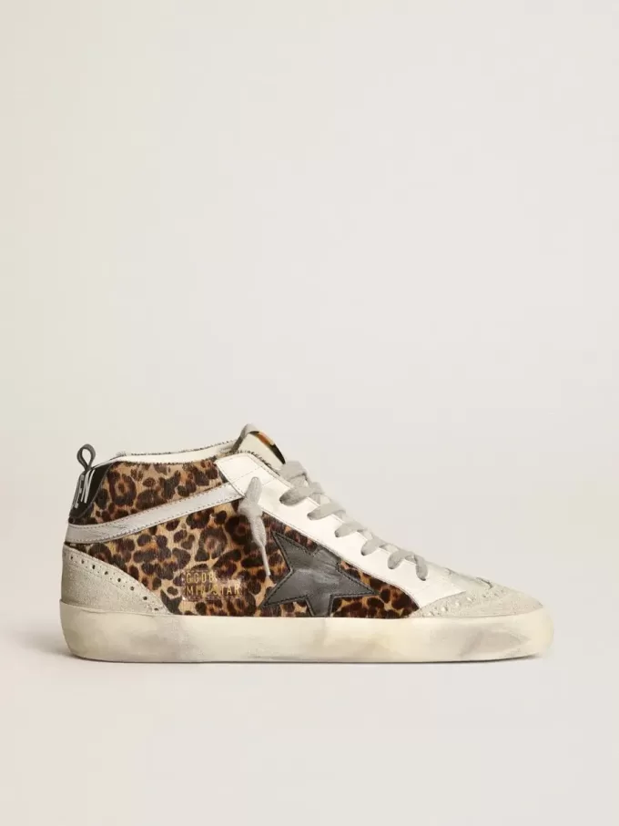 Mid Star voor dames in ponyhuid met luipaardprint en zwarte ster