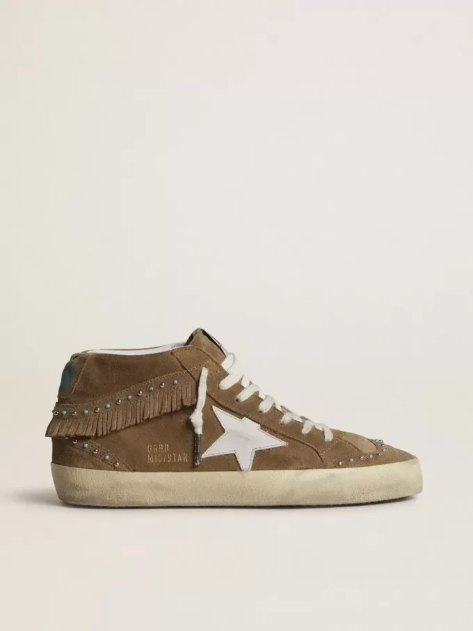 Mid Star voor dames in tabakskleurig suède met franjes en studs