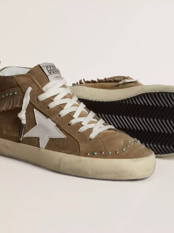 Mid Star voor dames in tabakskleurig suède met franjes en studs