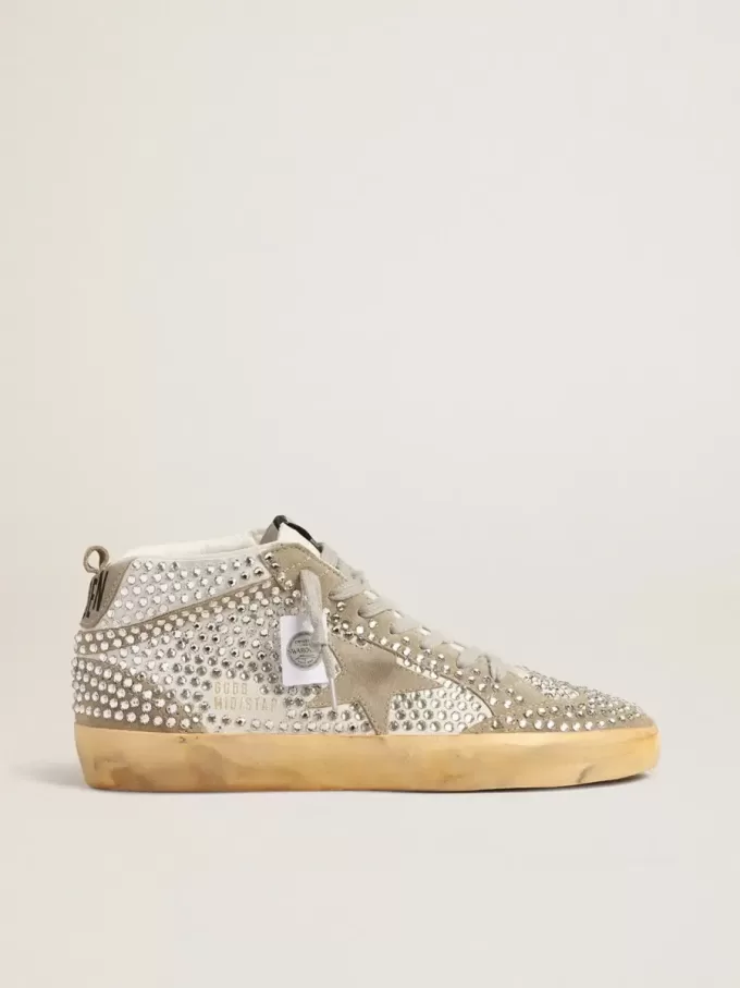 Mid Star voor dames in wit en duifgrijs suède met Swarovski-kristallen