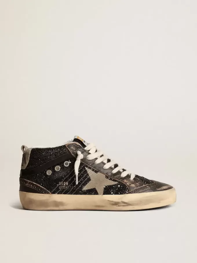 Mid Star voor dames in zwart glitter met duifgrijze suède ster en hielstuk
