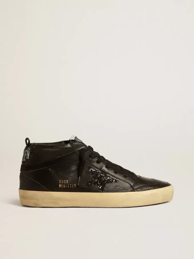 Mid Star voor dames in zwart nappa met zwarte glitterster en suède flash