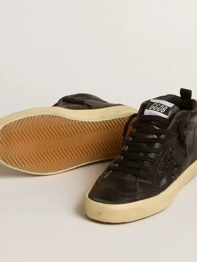 Mid Star voor dames in zwart nappa met zwarte glitterster en suède flash