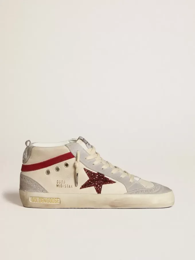 Mid Star voor dames van leer met glitterster en rode nubuckaccenten