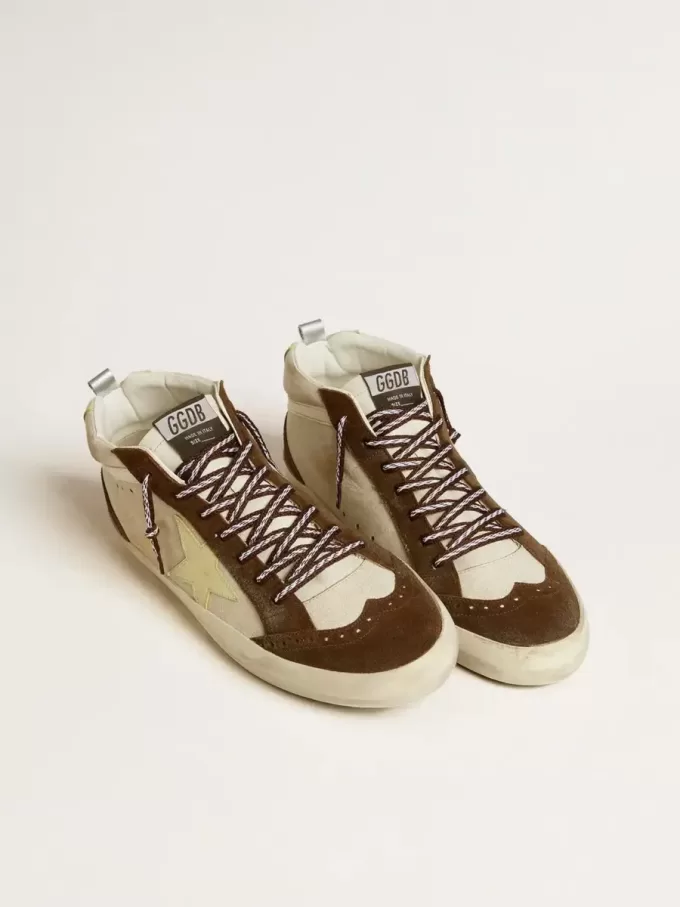 Mid Star voor heren in beige glitter met gele suède ster en katoenen flash