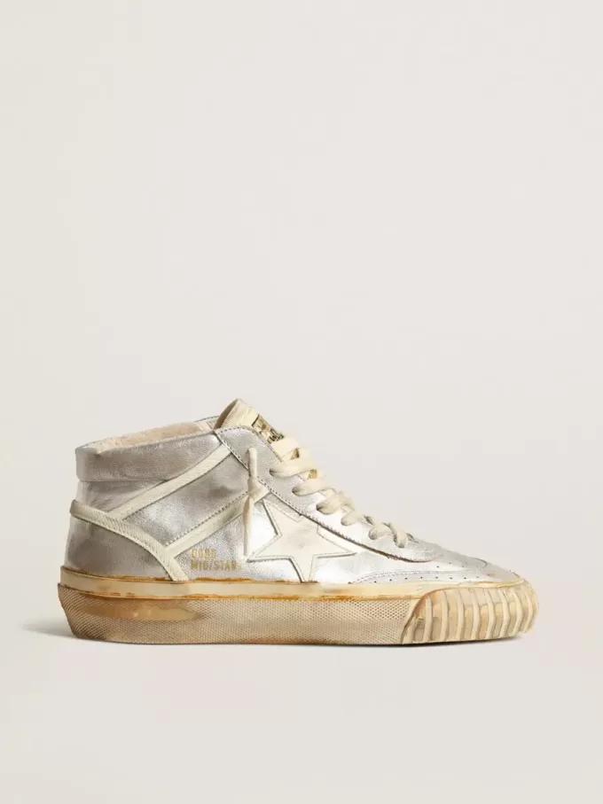 Mid Star voor heren in zilverkleurig metallic leer met ivoorkleurige ster