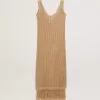Midi-jurk voor dames in beige haakwerk met franjes