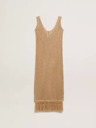 Midi-jurk voor dames in beige haakwerk met franjes