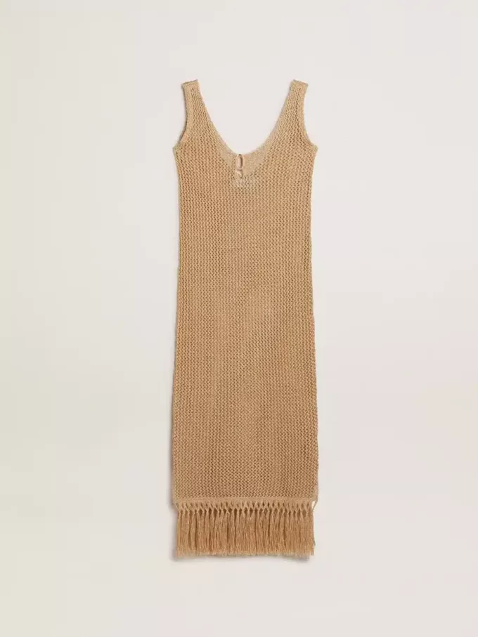 Midi-jurk voor dames in beige haakwerk met franjes