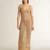 Midi-jurk voor dames in beige haakwerk met franjes