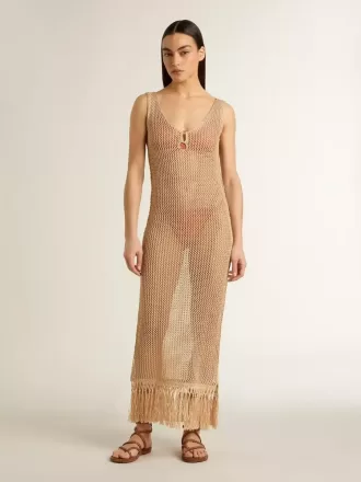 Midi-jurk voor dames in beige haakwerk met franjes