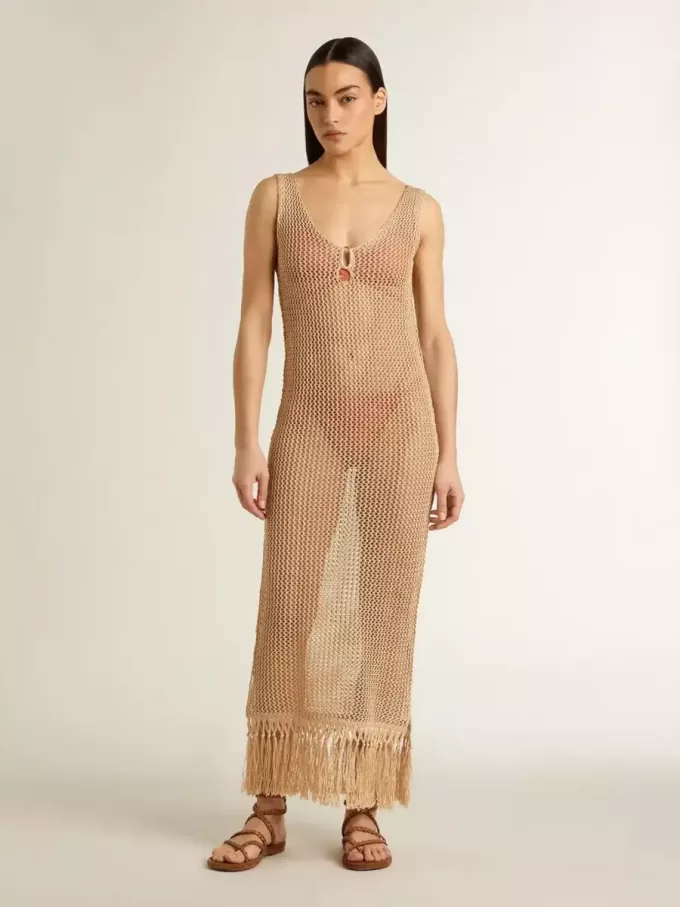 Midi-jurk voor dames in beige haakwerk met franjes