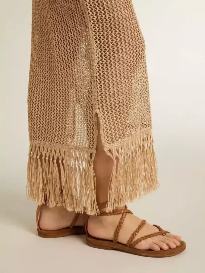 Midi-jurk voor dames in beige haakwerk met franjes