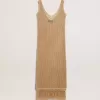 Midi-jurk voor dames in beige haakwerk met franjes