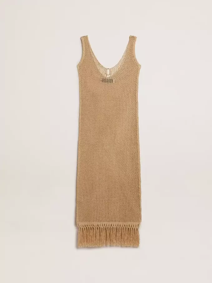Midi-jurk voor dames in beige haakwerk met franjes