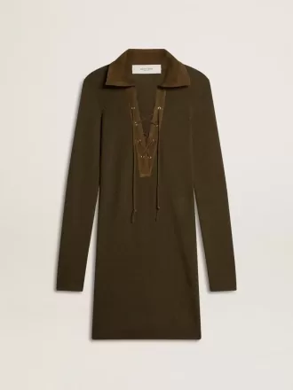 Militair groene wollen mini-jurk met lederen details