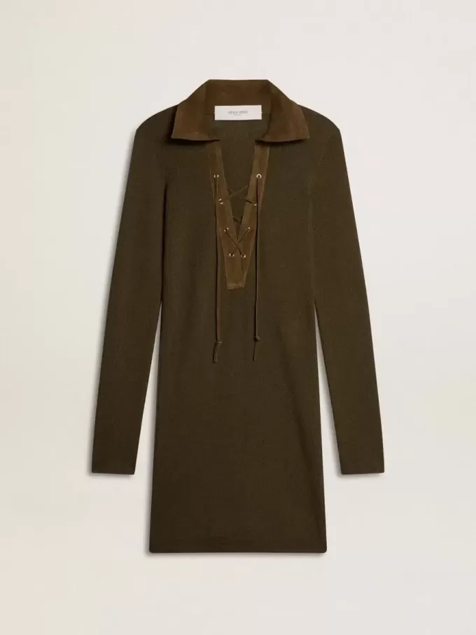 Militair groene wollen mini-jurk met lederen details