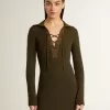 Militair groene wollen mini-jurk met lederen details