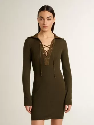 Militair groene wollen mini-jurk met lederen details