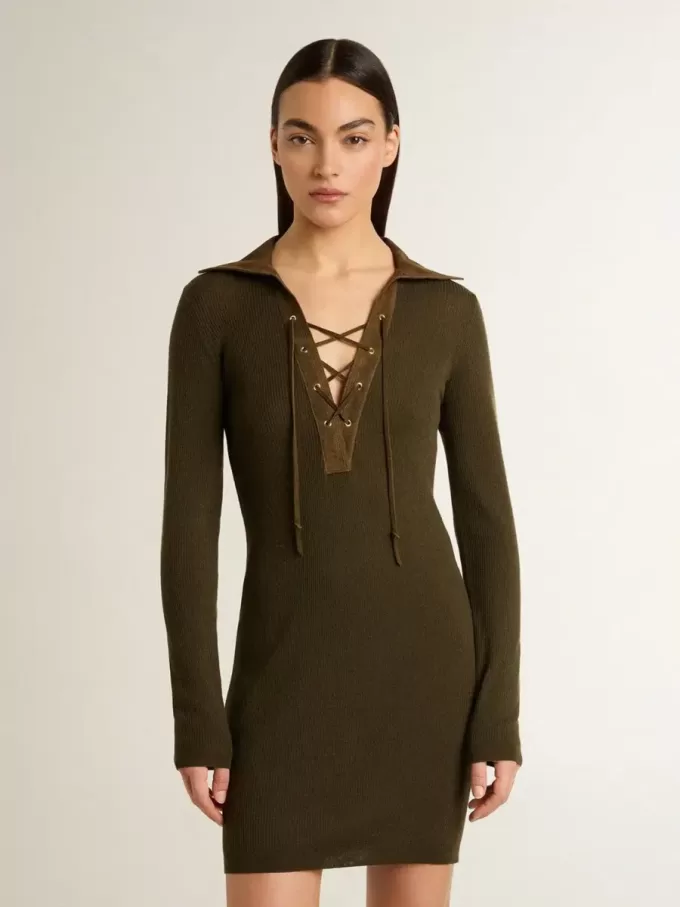 Militair groene wollen mini-jurk met lederen details