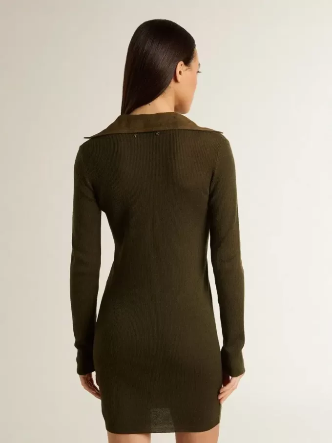 Militair groene wollen mini-jurk met lederen details