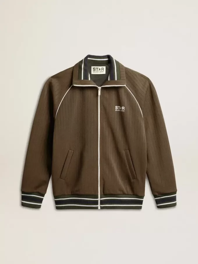 Militairgroen herensweatshirt met ritssluiting en wit logo
