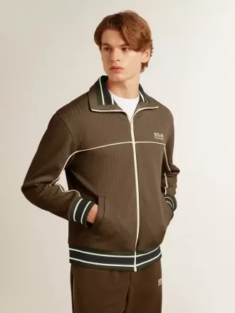 Militairgroen herensweatshirt met ritssluiting en wit logo