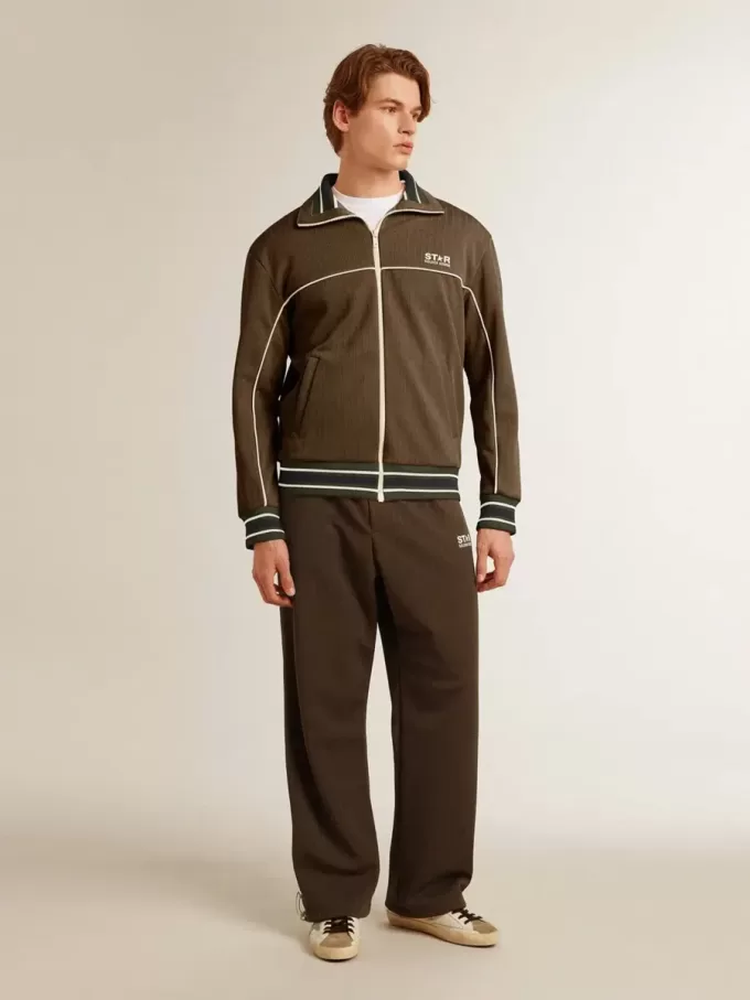 Militairgroen herensweatshirt met ritssluiting en wit logo
